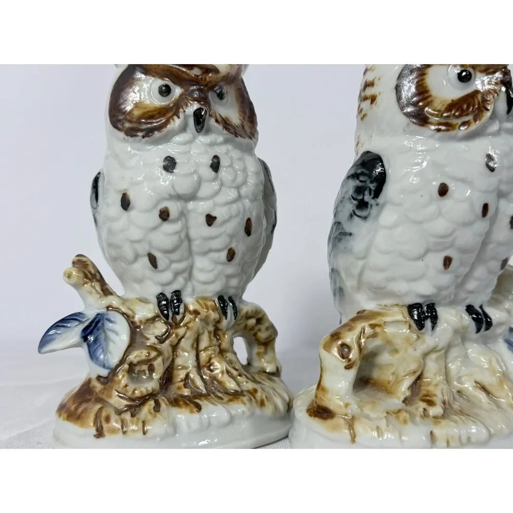 Vtg Ceramic Glazed Owl Pair Snow 6